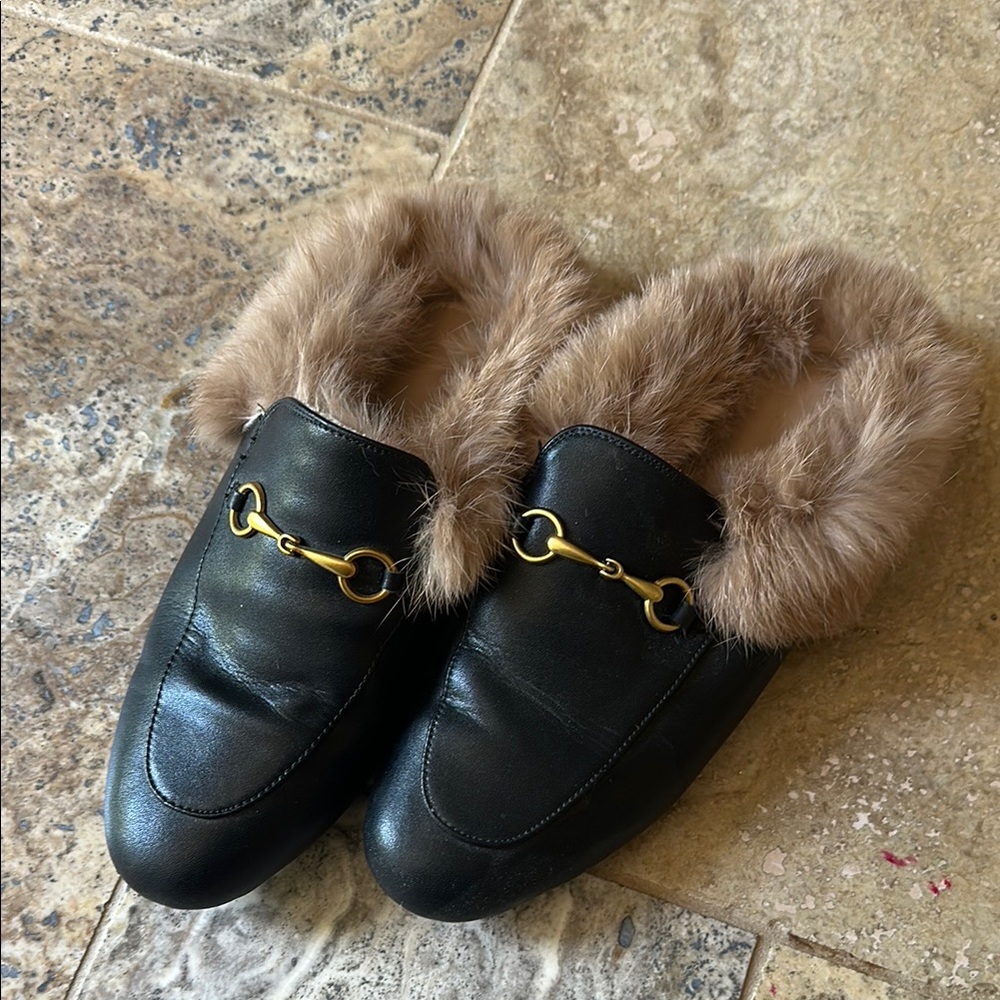 Black Leather Fur-Lined Loafers with Gold Detail